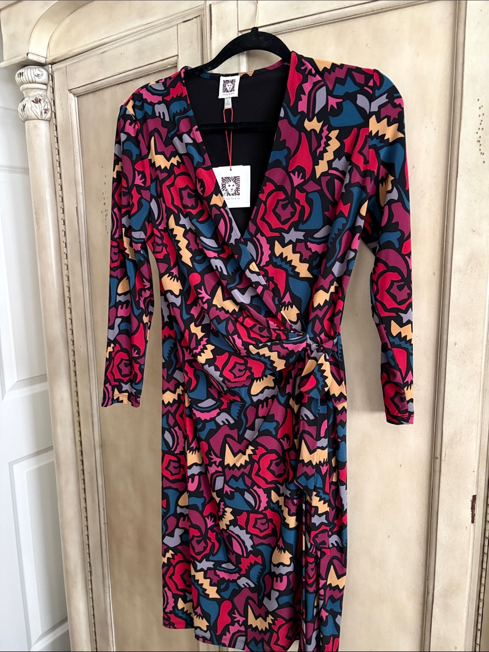 Anne Klein Abstract Floral Wrap Dress in Burgendy and Teal